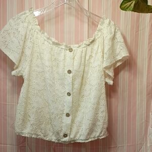 No Boundaries Lace Button-Front Blouse - Cream